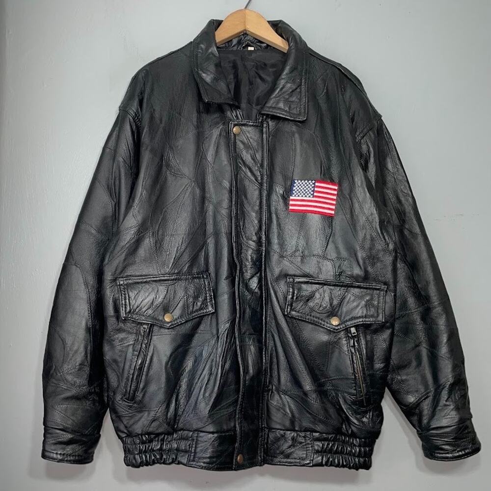 Black Patchwork Leather Coat Size XL Jacket Biker Moto Eagle USA Flag Patriotic
